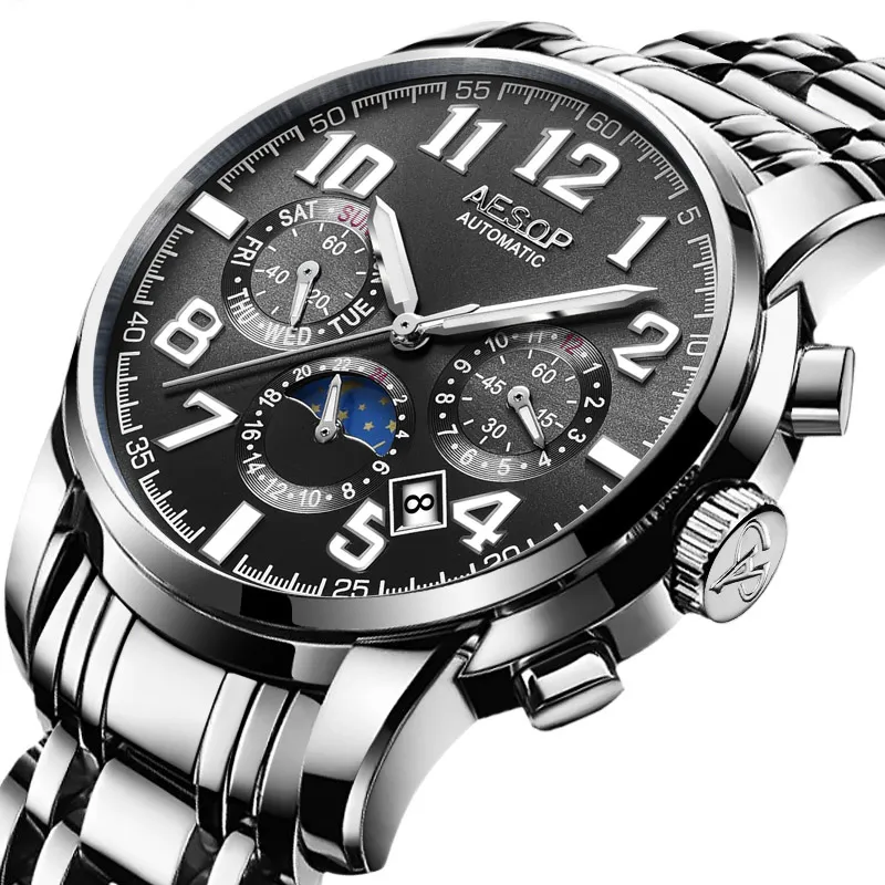Aesop Automatyczne zegarek Zegarek zegarków Top Marka Luksusowa męska zegar Full Stal Hours Automatyczne zegarki mechaniczne Relogio Masculino152e