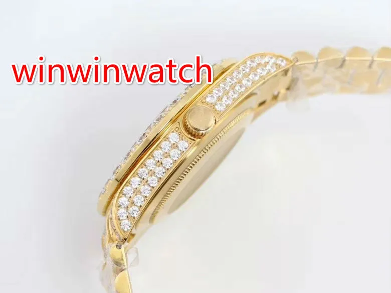 Grande conjunto de pinos diamantes moldura masculino relógio ouro 43mm algarismos árabes dial caso diamantes brilhantes cristal safira automático grandes diamantes 284p