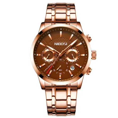 Nibosi relogio masculino relógios masculinos marca superior de luxo rosa aço quartzo relógio casual esporte cronógrafo relógio pulso saat257v