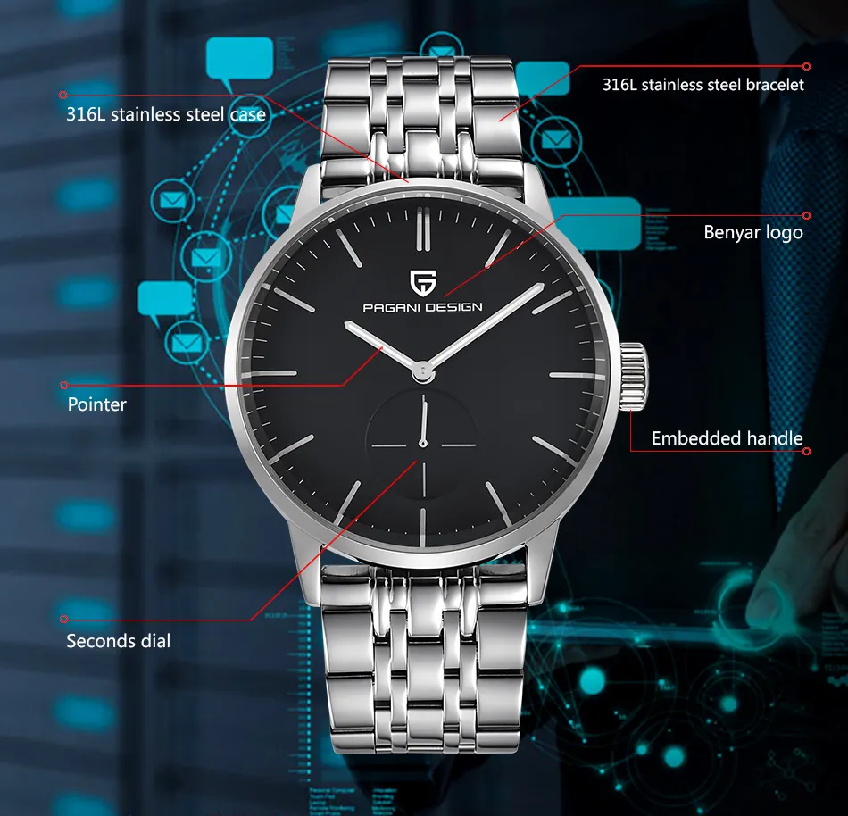 Модные повседневные мужские бизнес -часы для мужчин водонепроницаемые 30 м простые Quartz Watch Luxury Brand Pagani Design Relogio Masculino2694