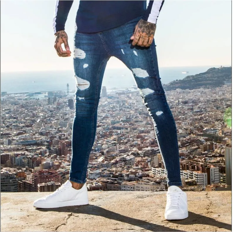 EBAIHUI стрейч рваные брюки мужские сплошной цвет джинсы новая мода узкие брюки-карандаш сексуальные повседневные рваные дизайнерские уличные джинсы 1022