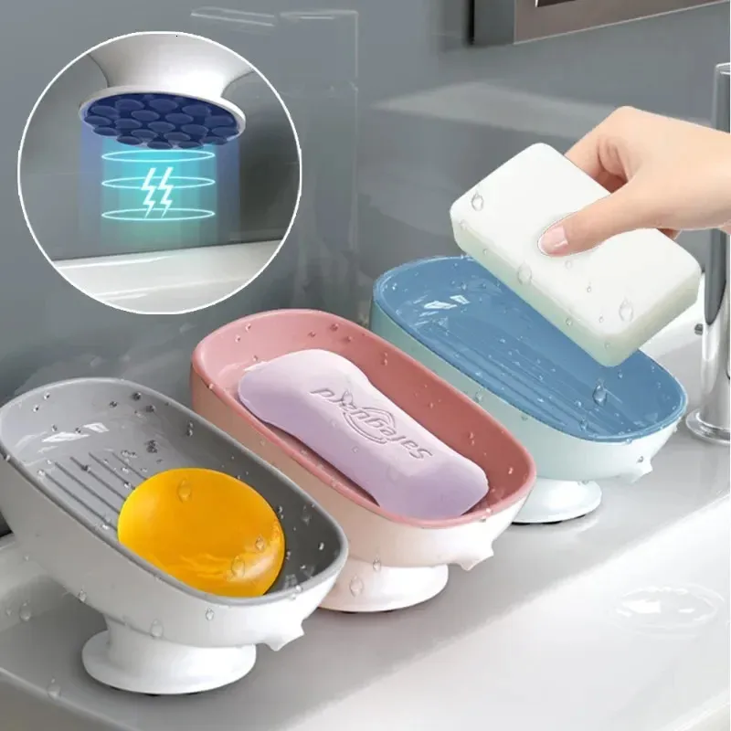 LEEQBCR Portasapone in silicone a 2 pezzi, antiscivolo, antiruggine, antiscivolo, facile da pulire, per bagno e cucina, grigio e blu