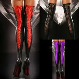 Bas Autofixants Cuir Verni Latex Wetlook - Style Glamour Pour Soirée - Taille Haute Jusqu'à La Cuisse - 5