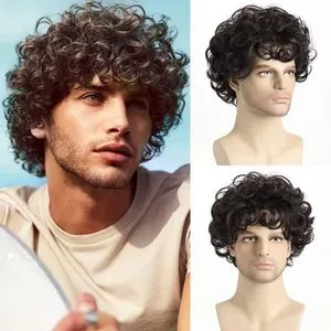 Perruque Courte Bouclée – Cheveux Synthétiques – Pour Garçon – Brun Foncé – Texture Moelleuse