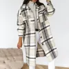 여자 양모 블렌드 2021 가을 여성 셔츠 코트 패션 격자 무늬 인쇄 칼라 롱 캐주얼 한 싱글 가슴 겨울 여성