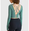 Sexy Thin Shoulder Belt Cross Yoga Outfits Top Gym Clothes Short Thumb Hole Open Back Half Length Fiess Long Sleeved Women Shirt