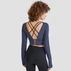 Sexy Thin Shoulder Belt Cross Yoga Outfits Top Gym Clothes Short Thumb Hole Open Back Half Length Fiess Long Sleeved Women Shirt