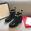 kanal korta stövlar 100% cowhide bälte spänne metall kvinnor skor klassiska tjocka klackar läder designer sko hög klackade mode diamant lady boot