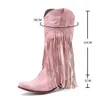 Western Fringe 100 Cowboy Boots Mid-calf Pink Tassels for Women Vintage Retro Point Toe Cowgirl Booties Slip on Shoes Blue 230807 46