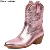 Cowboy 635 voor mode roze cowgirl geborduurde vrouwen, wees teen dikke hiel westerse enkelschoenen shinny schoenen gratis schip 230807 589