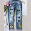 Women's Jeans Direct Cross-border European and American Greek Sorority Middle Waist Printed Sticker Hole Washed for Women wholesale brand