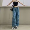 Women's Jeans Patchwork Pocket Denim Cargo Pants for Women High Waist Solid Spliced Button Casual Female Fashion Clothing wholesale brand