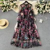 Basic Dresses Designer Fashion Spring New Women's High Quality Bohemian Vintage Elegant Slim Long Sleeve Printed Mesh Casual Party Vestidos 2024