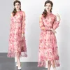 Basic Dresses Designer Fashion Spring New Women's High Quality Bohemian Vintage Elegant Slim Long Sleeve Printed Mesh Casual Party Vestidos 2024