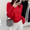 2022 Letter Embroidery Handmade Beaded Pearl Inlaid Elegant Round Neck Loose Short Knitted Sweater Women 306 544