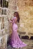 Gece Elbise Ucuz Arapça Leylak Mor Mücevher Boyun Kollu Dantel Denizkızı Sheer Illusion Uzun Parti Elbise Açık Geri Balo Elbiseleri