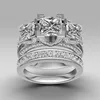قطع خمر المهنية مجوهرات الأميرة 925 الفضة الاسترليني ملأ ثلاثة أحجار الياقوت الأبيض الماس مقلد الزفاف خاتم الخطوبة