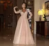 Arabic Dubai Kaftan Myriam Fare Pink Prom Dresses Party Gowns Shining Crystal Beaded Deep V Neck Formal Clothing Evening Celebrity Dresses