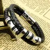 Two-tone Black Genuine Leather With Stainless Steel Mens Chain Bracelet Bangle 8.26 inch