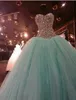 Gerçek Görüntü Nane Yeşil Kristal Quinceanera Elbiseler Balo 2018 Tatlı 15 Elbise Sevgiliye Vestido De Festa Uzun Tül Örgün Balo Abiye