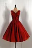 Gorgeous Vintage Evening Dresses V Neck Spaghetti Straps A Line Royal Red Prom Dresses Tea Length Tafftea Luxury Prom Dress Sleeveless