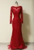 Wysokiej jakości prawdziwe sukienki zdjęciowe Czerwony Syrenka Suknie Wieczorowe Illusion Neck Długie Rękawy Zroszony Haft Korowód Formalny Party Plus Rozmiar