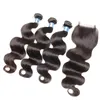 Brazilian Body Wave Mänskligt jungfruhår väver med 4x4 spetsförslutning Blekta knutar 100g/st Naturlig svart färg Double Wefts Hårförlängningar