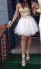 Stunning Two Piece Short Homecoming Dress Gold and White Luxury Gold Stones Spaghetti Straps Prom Gowns Custom Made High Quality