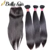 Facos de cabelo humano com fechamento de renda da base de seda 4x4 Extensões retas da trama de cabelo da Malásia Malásia Malásia 4pc Bellahair