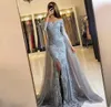 2019 silver Prom Dresses with Long Sleeves Over skirts lace appliques Mermaid Evening Dresses Split Side Party Dress