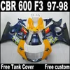 Gratis 7 gåvor Bodywork Fairings för Honda CBR600 F3 1997 1998 CBR 600 97 98 Blå Orange Plast Fairing Kit QY32