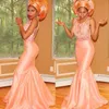 2016 Nigerian Lace Evening Dresses African Guest Party Dress Aso Ebi Peach See Through Mermaid Bridal Prom Gowns Arabic Plus Size