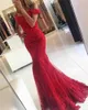 2018 Sexy Prom Dresses Off Shoulder Dark Red Burgundy Hunter Lace Aplikacje Zroszony Syrenka Długie Open Back Evening Dress Party Pagewant Suknie