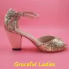 Goud Glitter Spark Bruiloft Schoen Handgemaakte Pumps Leren Sole Comfortabele Pumps Toe 2.5 "Lederen Wrapped Cone Hakken Dames Sandalen Dansschoenen