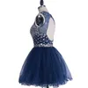 Neueste marineblaue Cocktailkleider, Kristall-Bateau-Perlen, kurzes Mini-Tüll-Ballkleid, gerafftes Heimkehrkleid 2022, bezaubernde Strandparty-Kleider