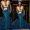 Robes de bal sud-africaines or et bleu sexy voir à travers la dentelle appliques perles robes de soirée plus la taille sirène balayage train femmes robes