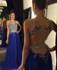 Sexy Prom Dresses Royal Blue Kant Kralen Goedkope Lange Bruidsmeisjesjurk Baljurken met Sexy V-hals Hollow Back Long Chiffon Stof