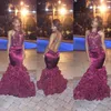 Romântico Flores Rosa Borgonha Sereia Sexy Vestidos de Baile 2016 Backless Tafetá Rendas De Cristal Vestido de Baile de Renda Bainha de Dança Vestidos de Noite Das Mulheres