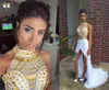 2016 Sparkly Two Pieces Prom Dresses with Gold Rhinestone Sexy High Neck Special Occasion Gowns Front Split Sheath Dresses Party Evening