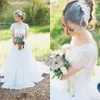 Romantik Kısa Kollu Bir Çizgi Gelinlikler Vintage Dantel Tam Boy Fermuar Backless Ucuz Plaj Bahçe Gelin Gelinlikler Vestidos