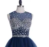 Latest Navy Blue Cocktail Dresses Crystal Bateau Beading Short Mini Tulle Ball Gown Ruched Homecoming Dress 2022Charming Beach Party Gowns