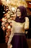 イスラム教徒のイブニングドレスAライン長袖パープル刺繍ハジャブイスラムドバイAbaya Kaftan Long Evening Gown Promドレス