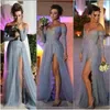 Off-Shoulder Sexy Beaded Prom Dresses with Long Sleeve Appliques Sequined Sparkle Evening Gowns Side Split Elegant Grey Formal Dresses