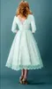 Mint Green Prom Dresses Lace High Neck Tea Length Half Long Sleeves Bridal Gowns with Covered Button Back Masquerade Party Dresses