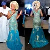 Robes de mariée traditionnelles africaines bleu Turquoise col en v or Appliques Tulle balayage Train Nigeria robes de mariée robe robe