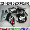 ABS пластик бодикиты для SUZUKI GSX-R600 GSX-R750 01 02 03 обтекатель K1 GSXR 600/750 2001-2003 серебро черный обтекатели комплект SK42