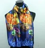 1pcs Gold Flower Royal Blue Purple Scarves Women's Fashion Satin Oil Painting Long Wrap Shawl Beach Silk Scarf 160X50cm