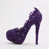 Purple Flower Rhinestone Bridal Shoes High Caels Stiletto Кружева Свадебные Обувь Новый Дизайнер Партии Насосы Формальные Обувь