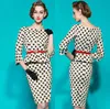 Elegant Retro Mid Sleeve White Black Polka Dots Professional Dress Office Lady Work Dresses Pencil Dress Party Dresses Size S to XXL