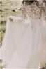 2018 Summer Bohemian Country Vestidos de novia Una línea Cuello de joya Apliques de encaje Mangas largas Cremallera Volver Tren de barrido Tallas grandes Vestidos de novia